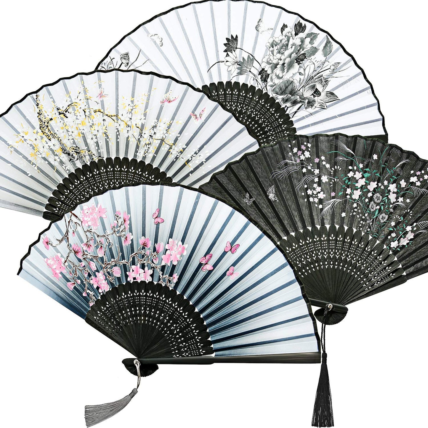Zonon 4 Pack Handheld Floral Folding Fans Hand Held Silk Bamboo Fans with Tassel Women Hollowed Hand Foldable Fan with Fabric Sleeve for Dancing Wedding Decoration Gifts(Classic)