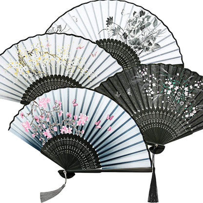 Zonon 4 Pack Handheld Floral Folding Fans Hand Held Silk Bamboo Fans with Tassel Women Hollowed Hand Foldable Fan with Fabric Sleeve for Dancing Wedding Decoration Gifts(Classic)