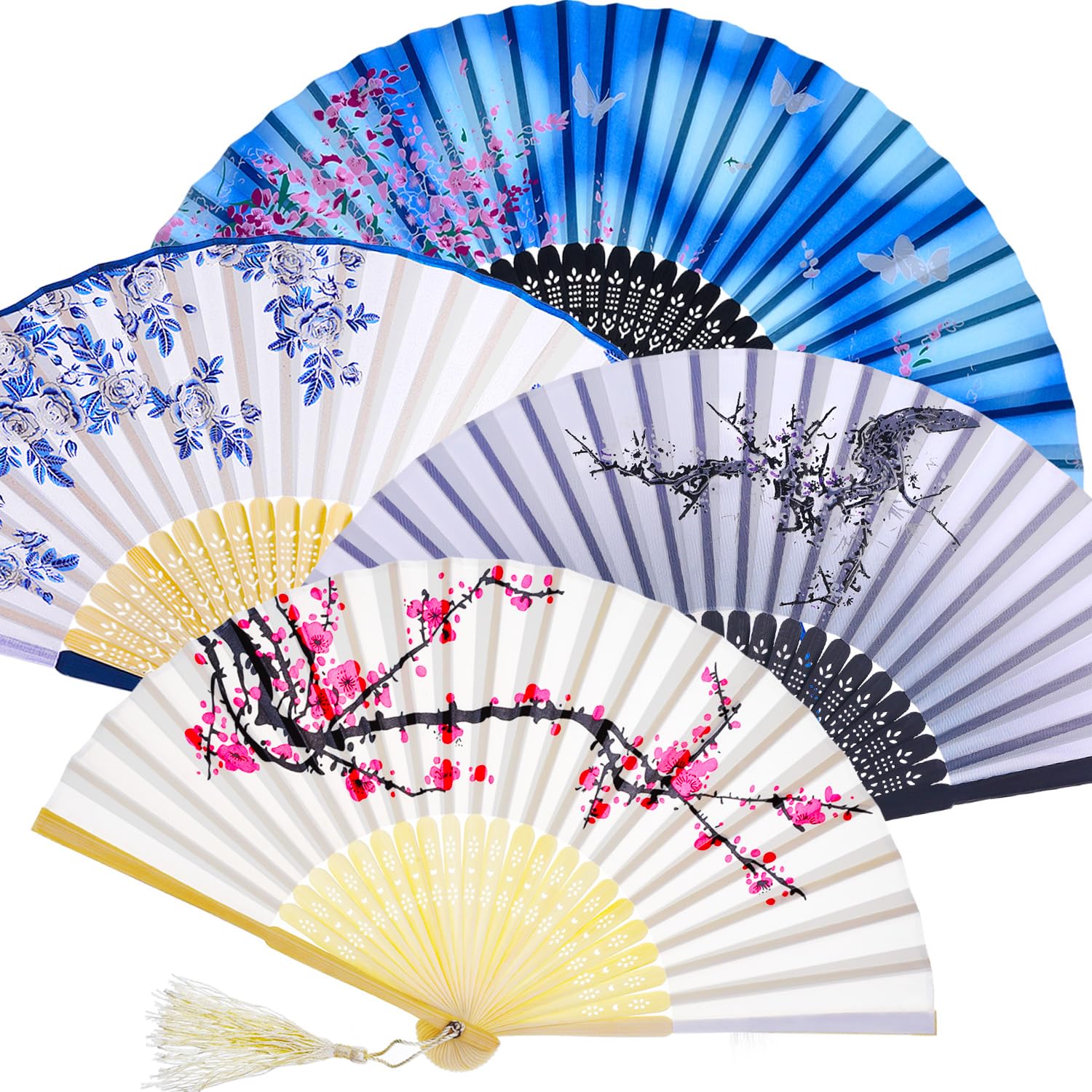 Zonon 4 Pack Handheld Floral Folding Fans Hand Held Silk Bamboo Fans with Tassel Women Hollowed Hand Foldable Fan with Fabric Sleeve for Dancing Wedding Decoration Gifts(Classic)