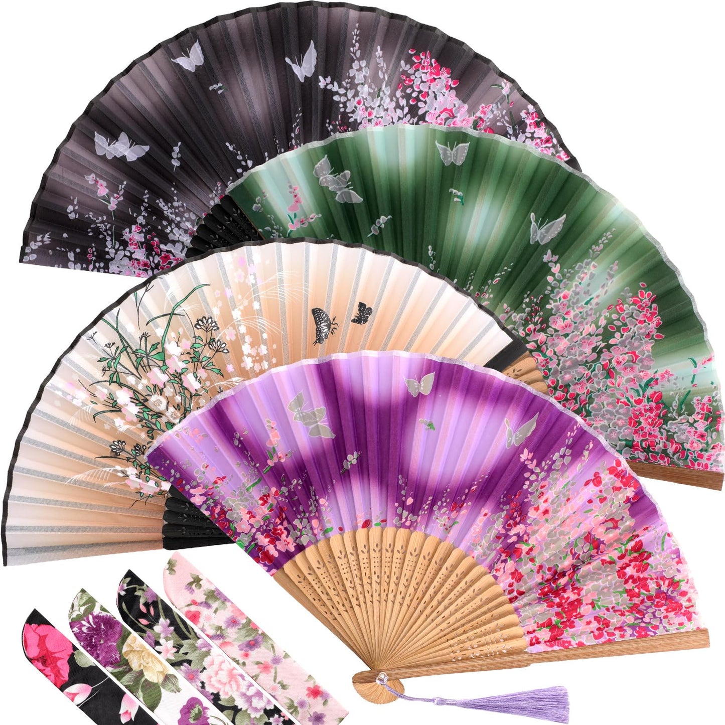 Zonon 4 Pack Handheld Floral Folding Fans Hand Held Silk Bamboo Fans with Tassel Women Hollowed Hand Foldable Fan with Fabric Sleeve for Dancing Wedding Decoration Gifts(Classic)