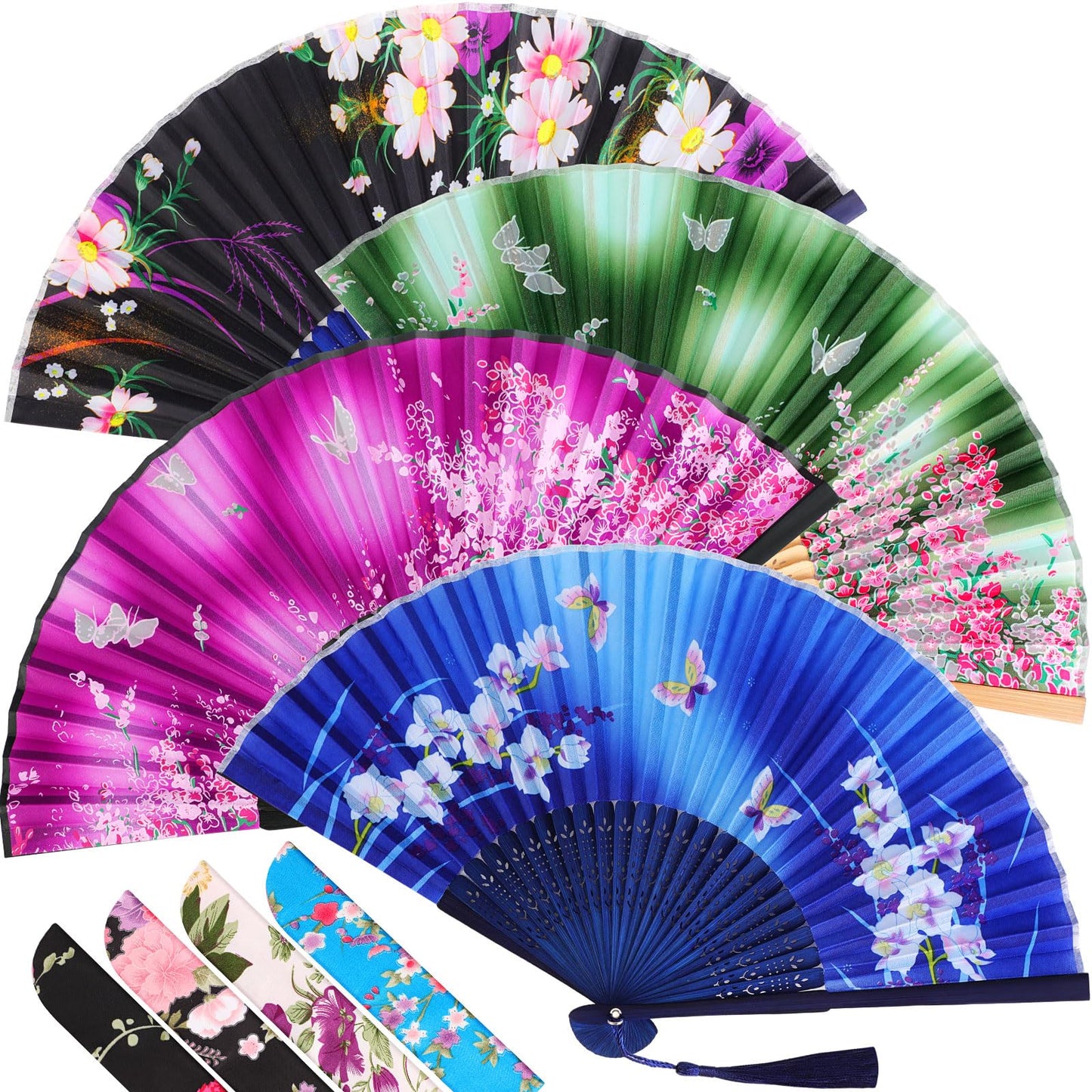 Zonon 4 Pack Handheld Floral Folding Fans Hand Held Silk Bamboo Fans with Tassel Women Hollowed Hand Foldable Fan with Fabric Sleeve for Dancing Wedding Decoration Gifts(Classic)