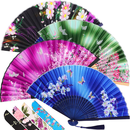 Zonon 4 Pack Handheld Floral Folding Fans Hand Held Silk Bamboo Fans with Tassel Women Hollowed Hand Foldable Fan with Fabric Sleeve for Dancing Wedding Decoration Gifts(Classic)