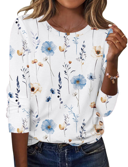 Zeagoo Womens Tops 2025 Long Sleeve Shirts for Fall Round Neck Blouses Floral Tunic Tops with Buttons Decor