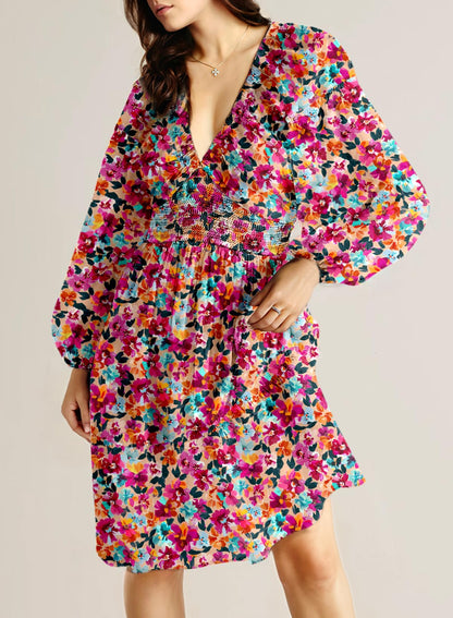 Dokotoo Fall Dresses for Women 2025 Boho Floral V Neck Long Sleeve Smocked Elastic Waist Casual A-Line Mini Dress Sundress