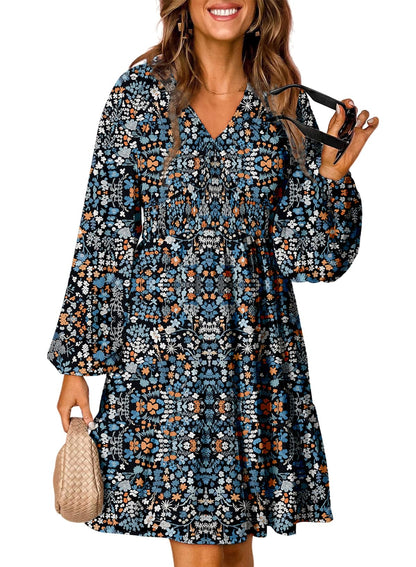 Dokotoo Fall Dresses for Women 2025 Boho Floral V Neck Long Sleeve Smocked Elastic Waist Casual A-Line Mini Dress Sundress