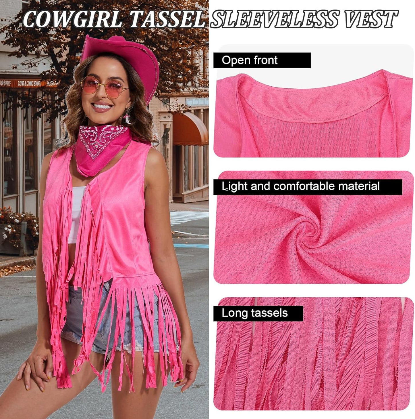 HyperFun Cowgirl Outfits for Women Western Costume Accessories Cowboy Hat Tassels Fringe Vest Earring Hippie Glasses Bandana