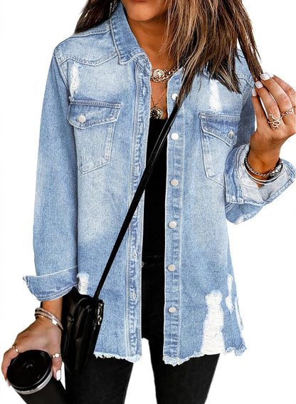 Dokotoo Women's Oversized Denim Jacket Casual Long Sleeve Denim Shirts Distresse Jean Jacket Fall Outfits 2025