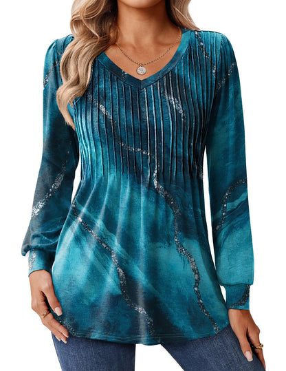 Zeagoo Long Sleeve Shirts for Women Casual V Neck Top Pleated Floral Boho Blouses 2025 Fall Tunics