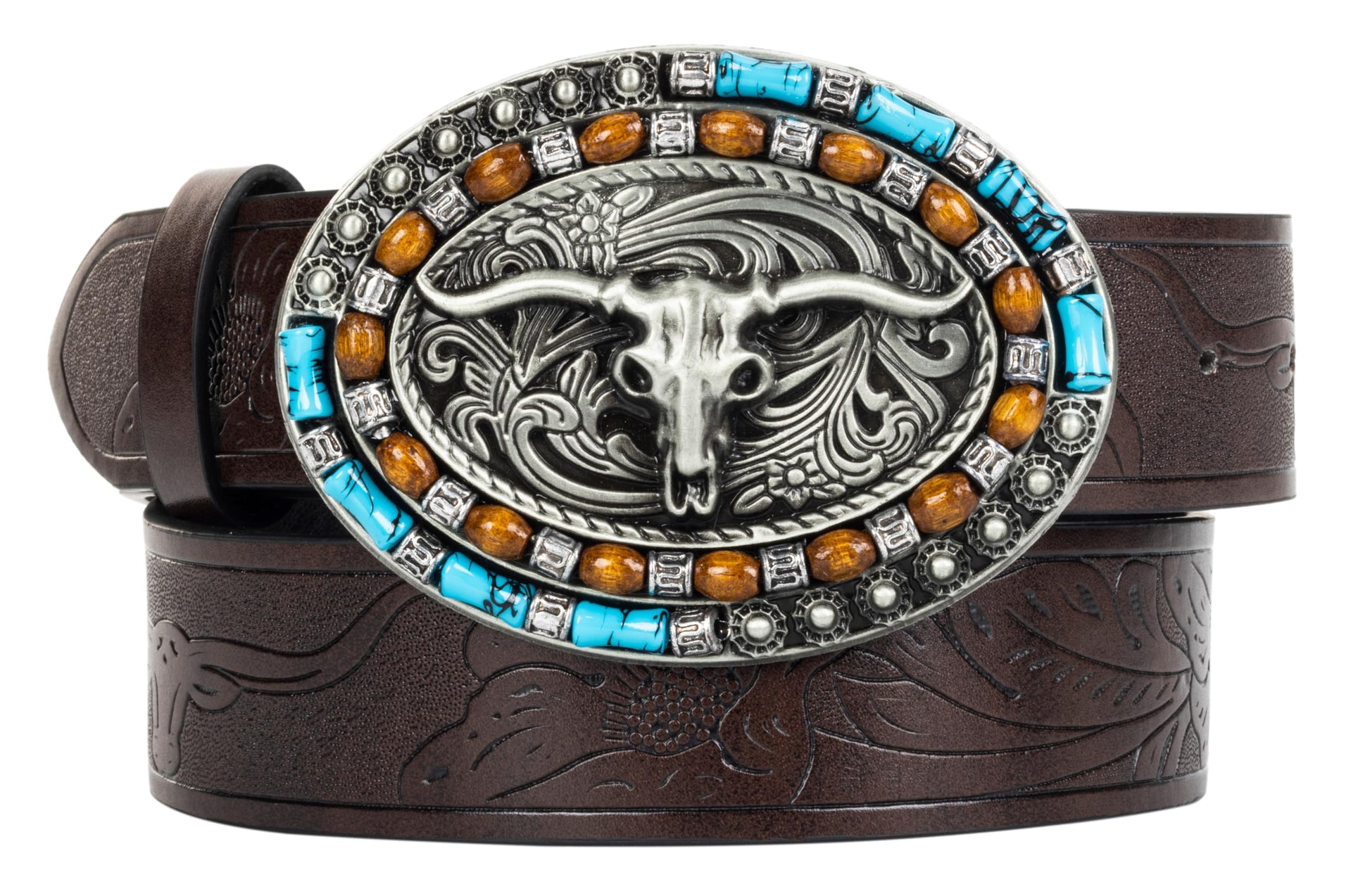 Western-Cowboy-Leather-Belts for Women Turquoise-Oval-Buckle Embossed Cowgirl Belt for Jeans Pants Fit for 27"-41"