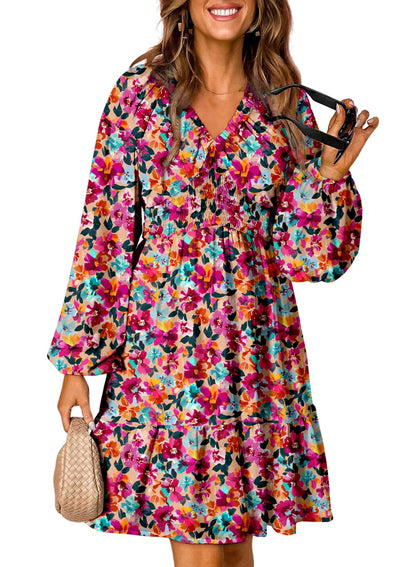 Dokotoo Fall Dresses for Women 2025 Boho Floral V Neck Long Sleeve Smocked Elastic Waist Casual A-Line Mini Dress Sundress