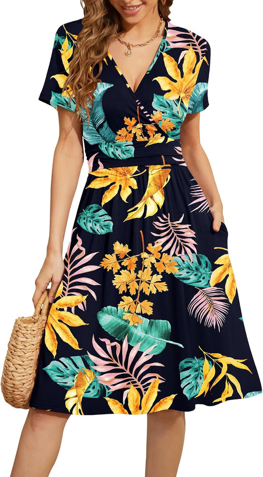 WEACZZY Women's Summer Short Sleeve Casual Dresses V-Neck Floral Party Dress with Pockets