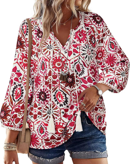 Vivilli Womens Boho Tops Casual V Neck 3/4 Sleeve Blouses Floral Print Shirt Tie Front Flowy Vacation Clothes