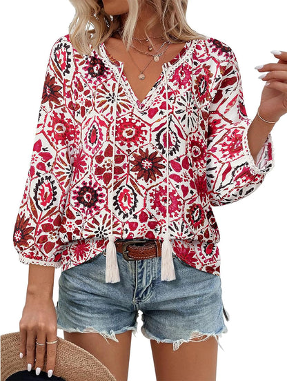 Vivilli Womens Boho Tops Casual V Neck 3/4 Sleeve Blouses Floral Print Shirt Tie Front Flowy Vacation Clothes
