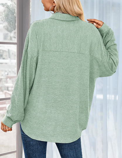 HOTOUCH Waffle Button Down Shirts for Women Dressy Casual Work Shacket V Neck Long Sleeve Lightweight Tops with Pocket