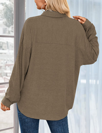 HOTOUCH Waffle Button Down Shirts for Women Dressy Casual Work Shacket V Neck Long Sleeve Lightweight Tops with Pocket