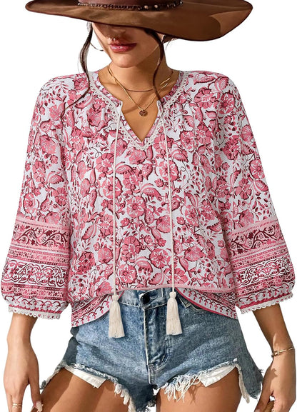 Vivilli Womens Boho Tops Casual V Neck 3/4 Sleeve Blouses Floral Print Shirt Tie Front Flowy Vacation Clothes