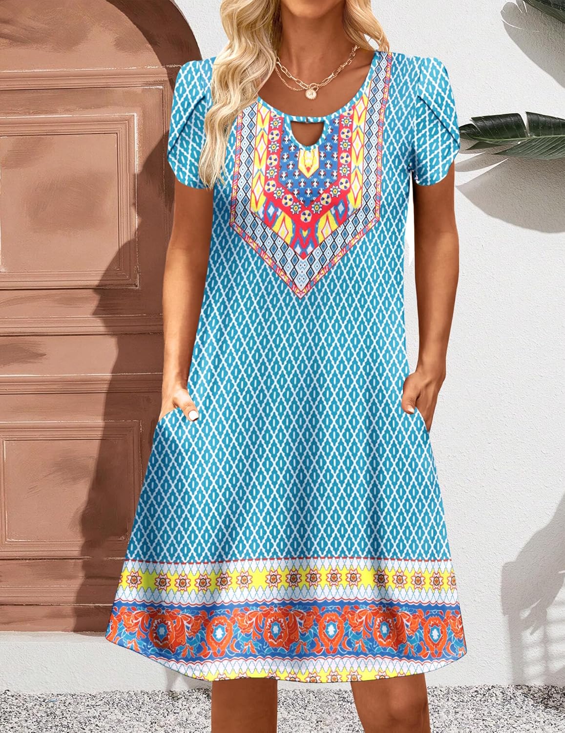 HOTOUCH Women's Casual A-Line Dress with Pockets Summer Beach Floral Tshirt Dress Short Sleeve Mini Dress Flowy Sundresses
