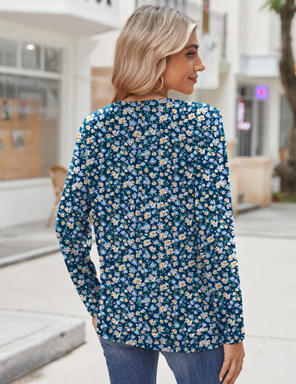 Zeagoo Womens Tops 2025 Long Sleeve Shirts for Fall Round Neck Blouses Floral Tunic Tops with Buttons Decor