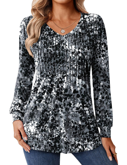 Zeagoo Long Sleeve Shirts for Women Casual V Neck Top Pleated Floral Boho Blouses 2025 Fall Tunics
