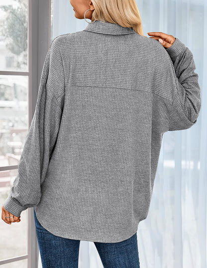 HOTOUCH Waffle Button Down Shirts for Women Dressy Casual Work Shacket V Neck Long Sleeve Lightweight Tops with Pocket