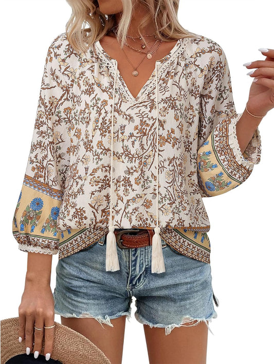Vivilli Womens Boho Tops Casual V Neck 3/4 Sleeve Blouses Floral Print Shirt Tie Front Flowy Vacation Clothes
