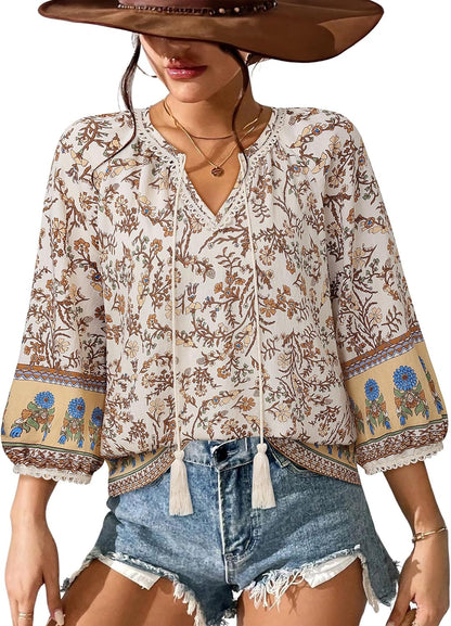 Vivilli Womens Boho Tops Casual V Neck 3/4 Sleeve Blouses Floral Print Shirt Tie Front Flowy Vacation Clothes
