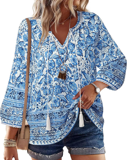 Vivilli Womens Boho Tops Casual V Neck 3/4 Sleeve Blouses Floral Print Shirt Tie Front Flowy Vacation Clothes