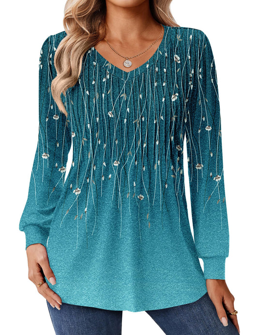 Zeagoo Long Sleeve Shirts for Women Casual V Neck Top Pleated Floral Boho Blouses 2025 Fall Tunics