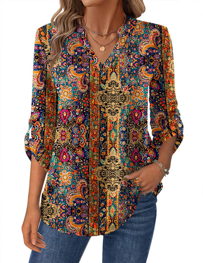 Zeagoo Womens Roll Up Long Sleeve Tops V Neck Shirts Dressy Casual Work Blouses S-2XL