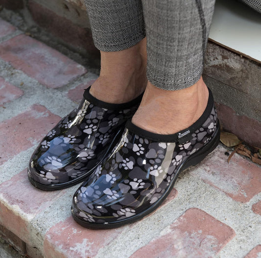 Sloggers Original Waterproof Rain and Garden Shoe for Women– Outdoor Slip-On Garden Clog - Made in The USA with Premium Comfort Insole and Arch Support - Paw Print Black/White, Size 8