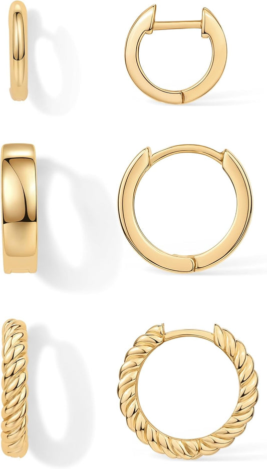 14K-18K Yellow Gold Plated Sterling Silver Posts Three Pairs Small Hoop Earrings for Women - Statement Gold Hoop Earrings Set - Cubic Zirconia Rope Teardrop Chunky Huggie Earscape Piercings