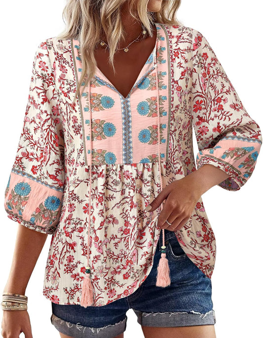 Womens Summer Boho Babydoll Tops 3/4 Sleeve Pleated Peplum Blouses Casual V Neck Tie Front Fall Top